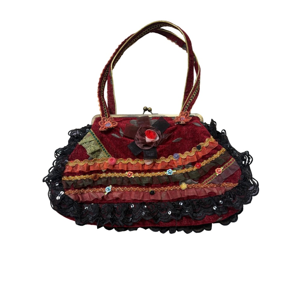 Vintage Y2K Nicole Lee Burgundy Lace Ruffle Kiss Lock Purse Romantic Goth